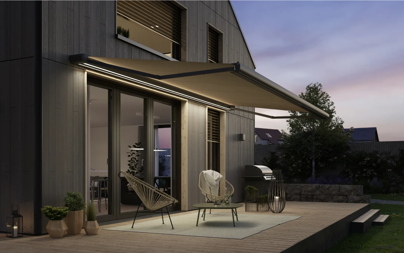 Markise mit LED Streifen beleuchtet abendliches Sonnendeck